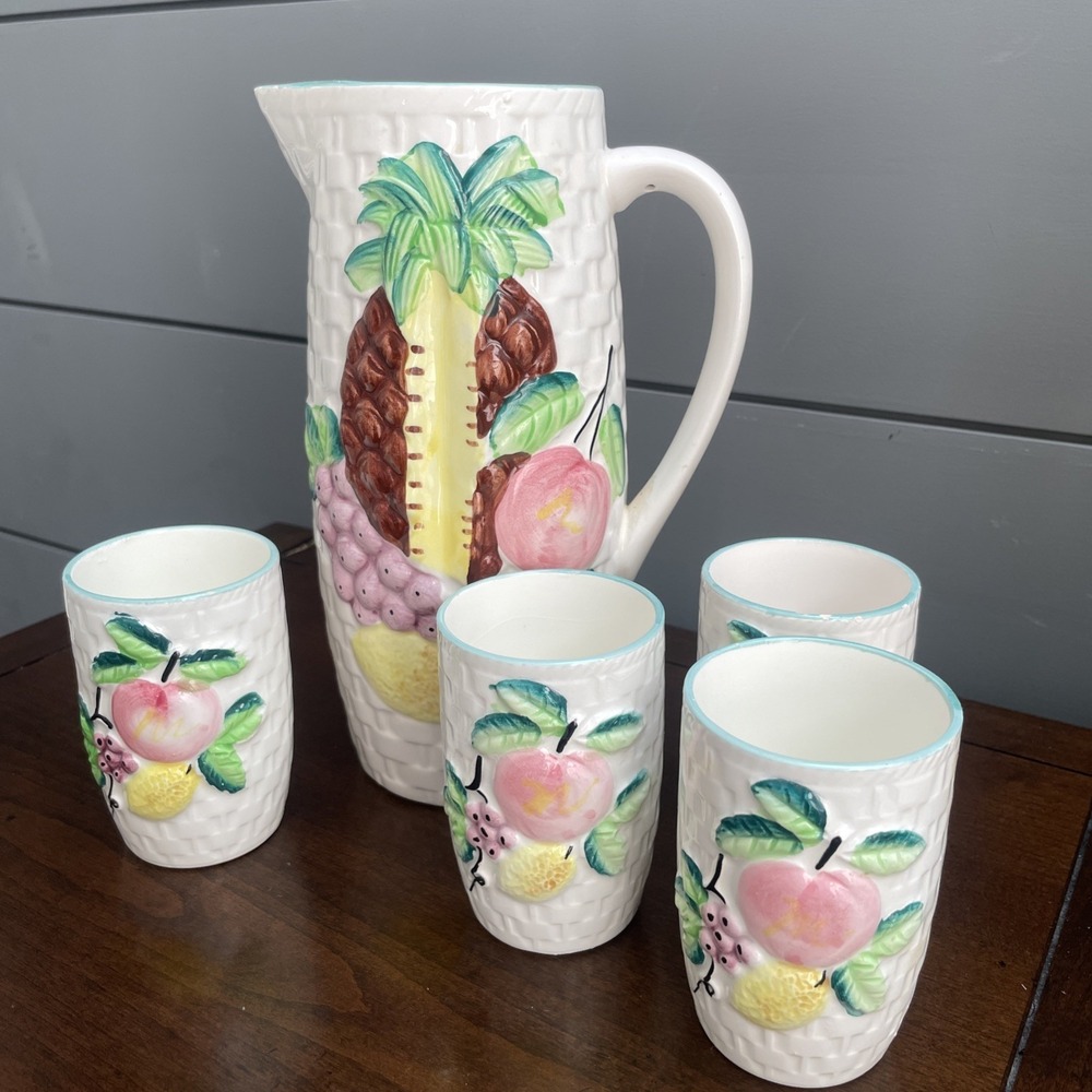 VTG Ceramic Pitcher & 4 Juice Glasses JAPAN Hand Painted Tropical Fruit